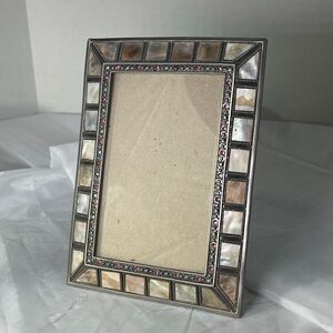 Tabletop picture frame Mother of Pearl pink rhinestones pewter.